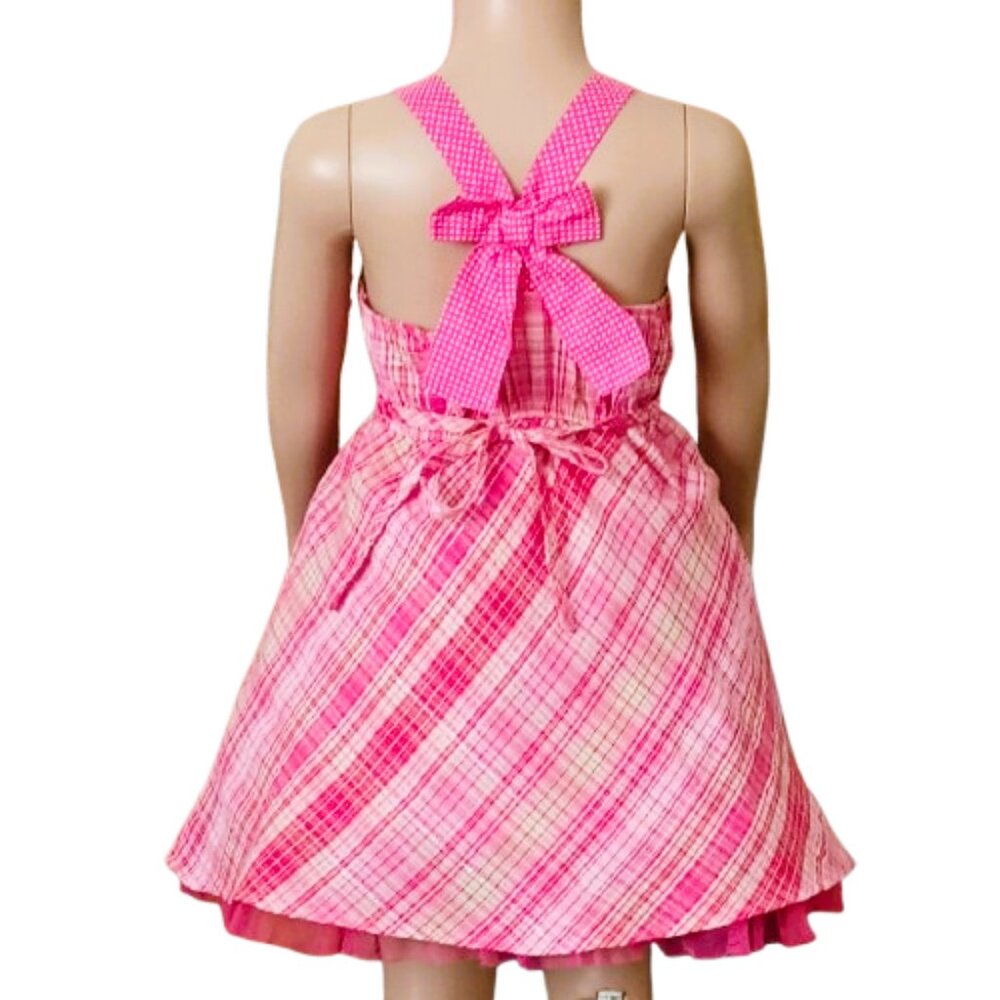 Jenny & Me Pink Plaid Dress 4 A Line Polka Dot Trim Tulle Hem Metallic Weaving